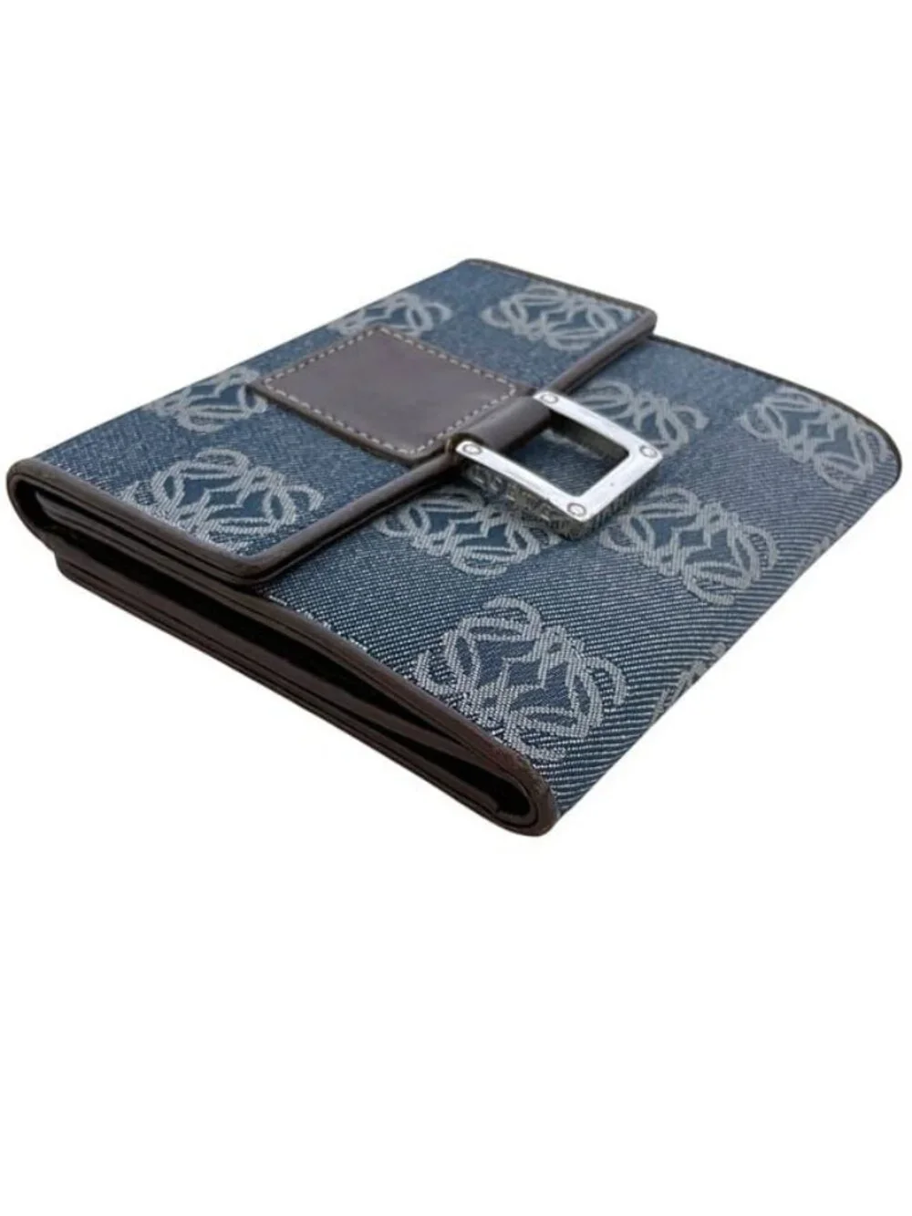 Loewe Bifold Wallet Blue Brown Anagram Canvas Leather Logo All Over Pattern Hook